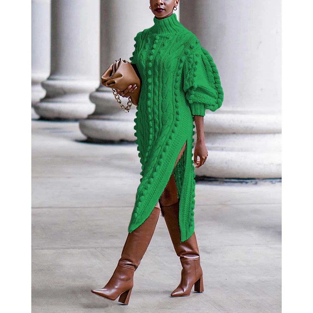 Autumn Women High Neck Twist Rope Lantern Sleeve Side Slit Knitted Sweater Dress New Fashion Femme Casual Dress Robe Clothing