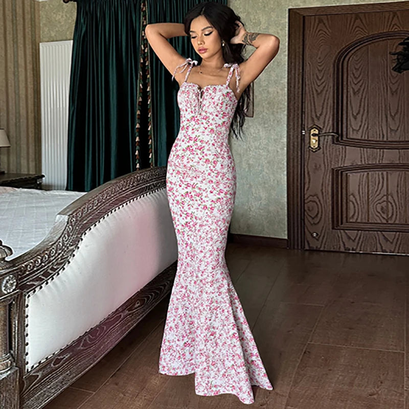 Sleeveless Floral Print Lace Up Backless Maxi Dress for Women