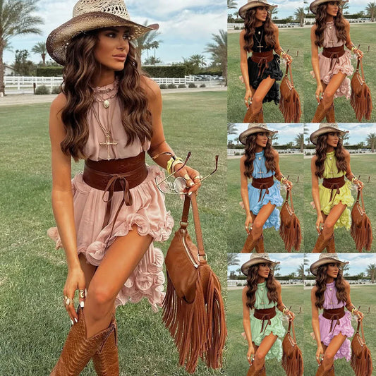 Women Spring Summer New Ruffle Edge Sleeveless Tank Top & Skirt Set Chiffon Fashion Solid Color