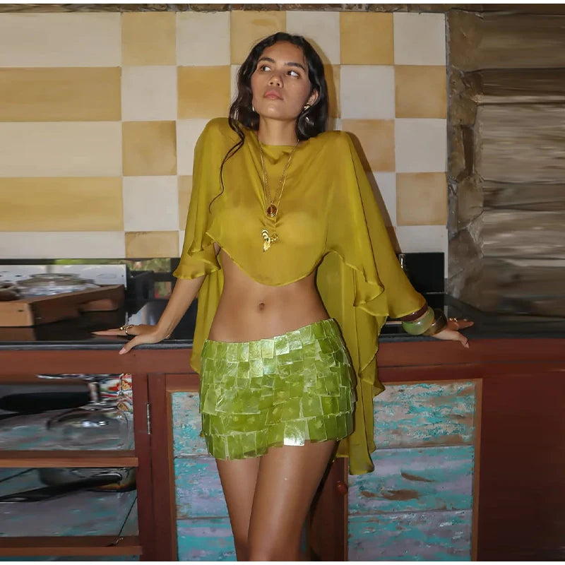 Sheer Chiffon Cape Top and Sequin Mini Skirt Set for Women