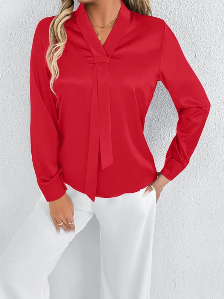 Bonboho 2026 New Women's Solid Color Silky Shirt V-neck Long Sleeves Elegant Blouse for Female Elegant Pullover Work Shirts