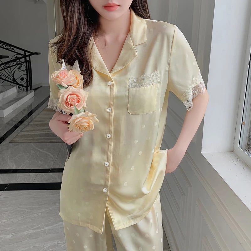 Y2k Pink Sweet Dot Lace Jacquard Women Pajamas French Romantic Lazy Lady Nightgown 2024 New Summer Korean Harajuku Home 2pc Set