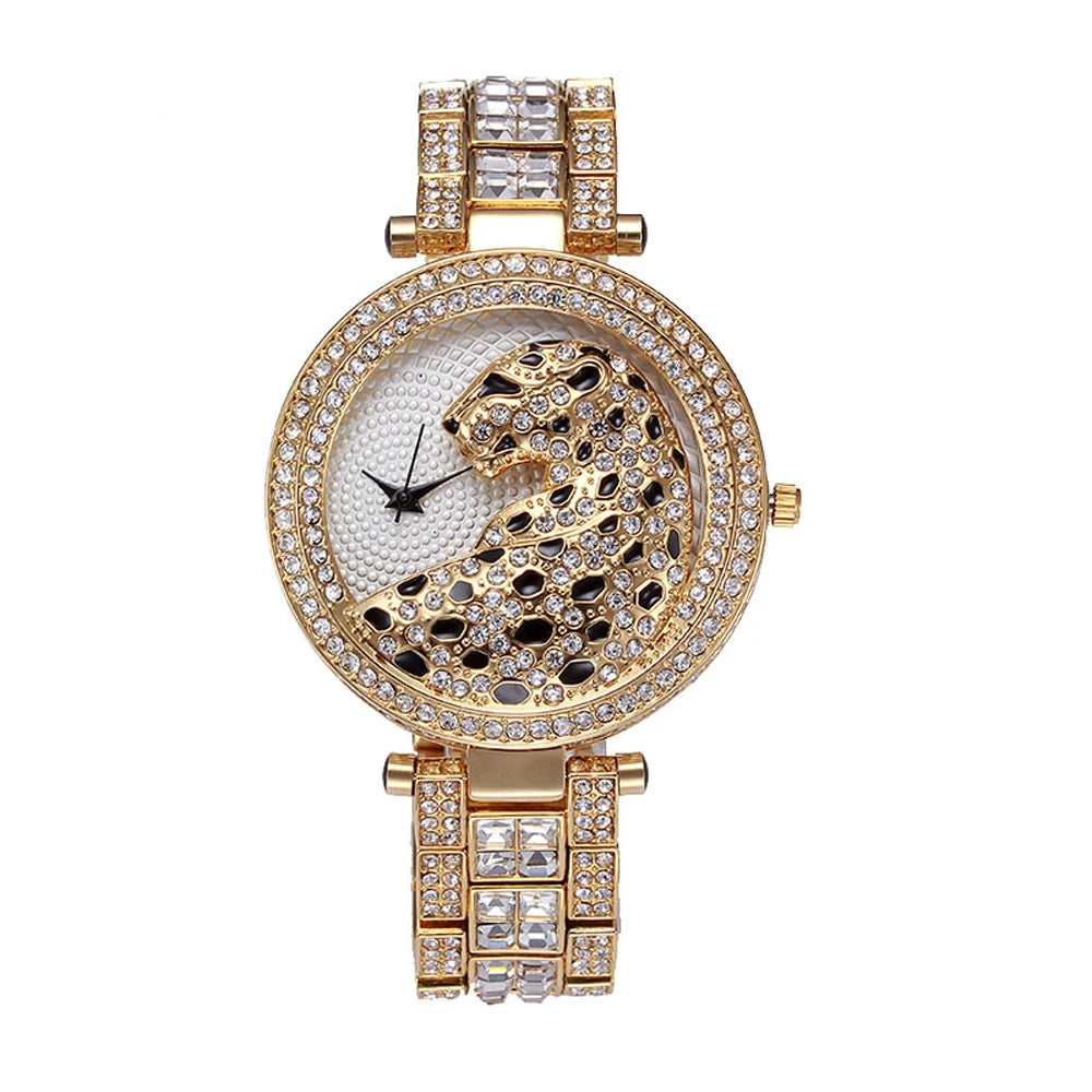 MISSFOX Women Quartz Watch Fashion Bling Casual Ladies Watches Female Quartz Gold Watch Crystal Diamond Leopard For Women Clock