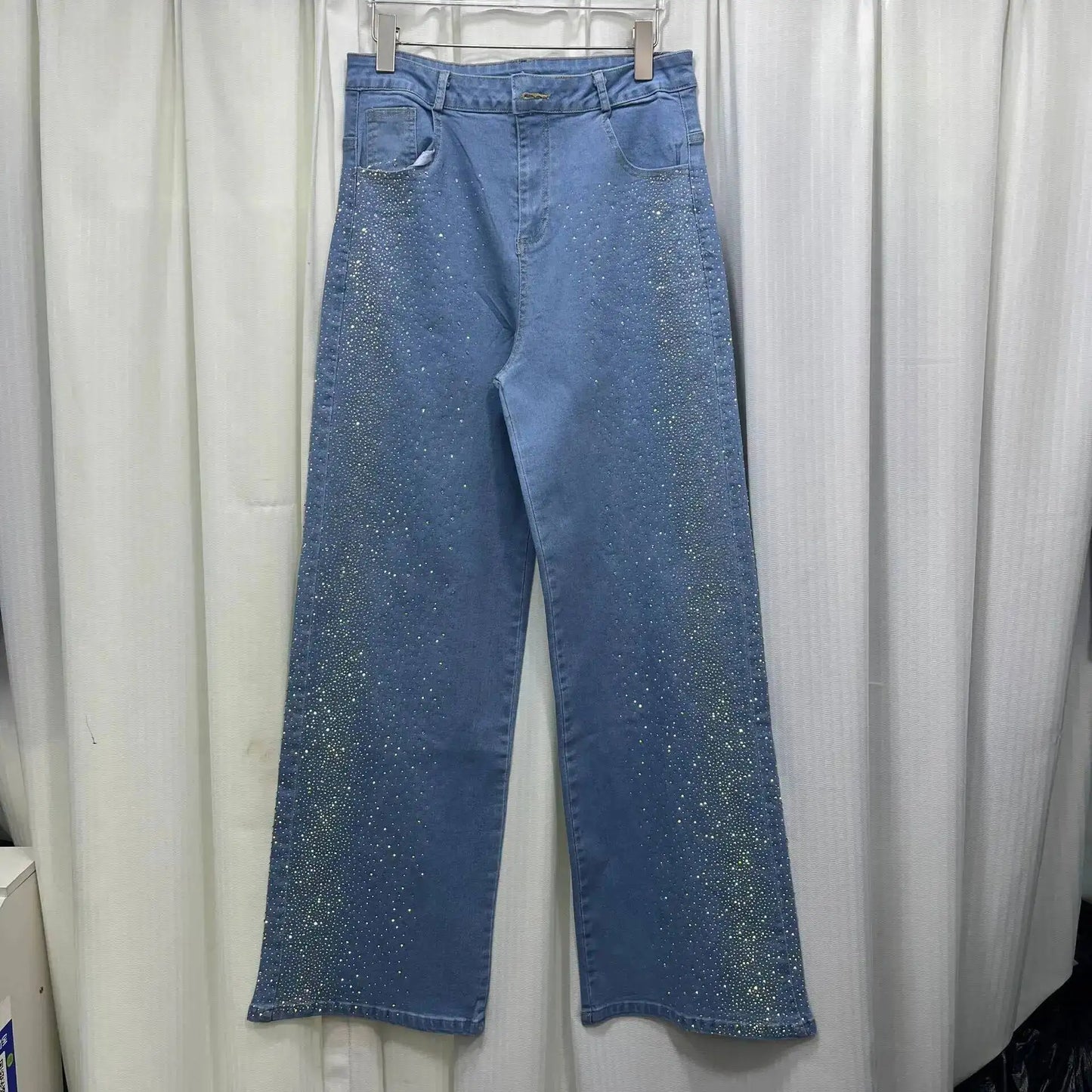 ANJY Autumn New Women's 2 Pieces Set Fashion Full Diamonds Short Sleeve Denim Shirt Elegant Fresh Straight Chic Ins Jeans A15818