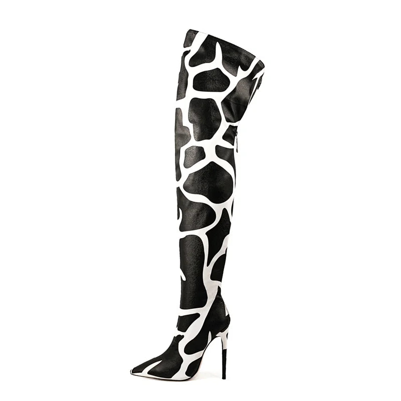 Giraffe Print Pointed Toe Over-The-Knee Boots for Women