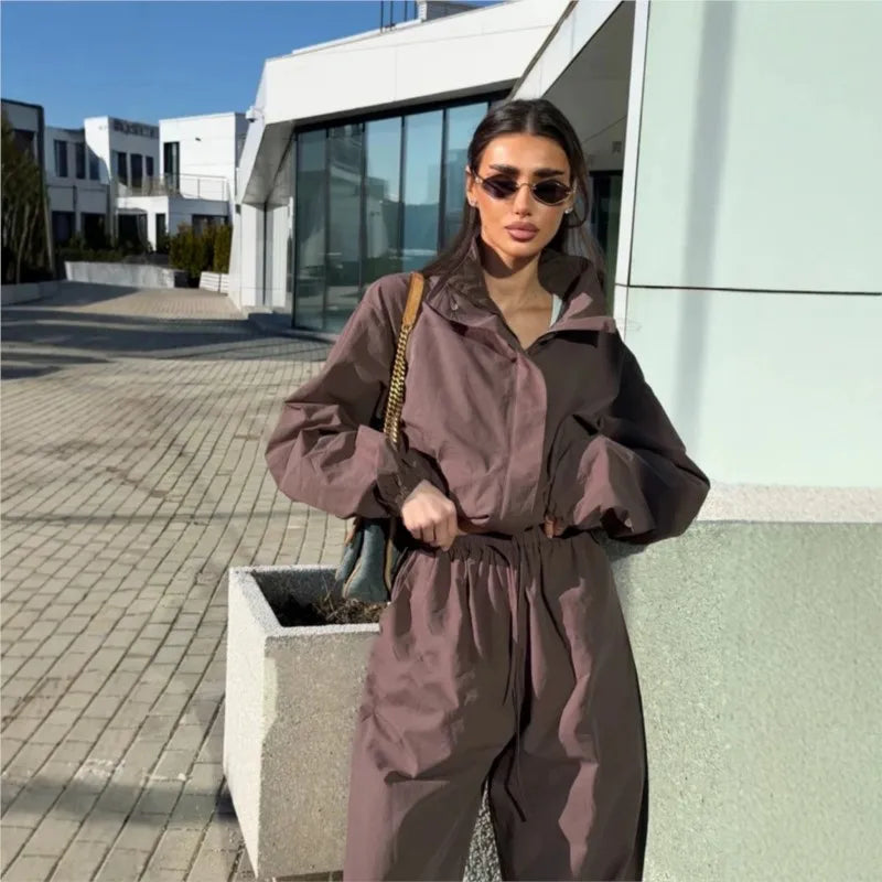 Lace Up Stand Collar Wide Leg Two Piece Set for Women
