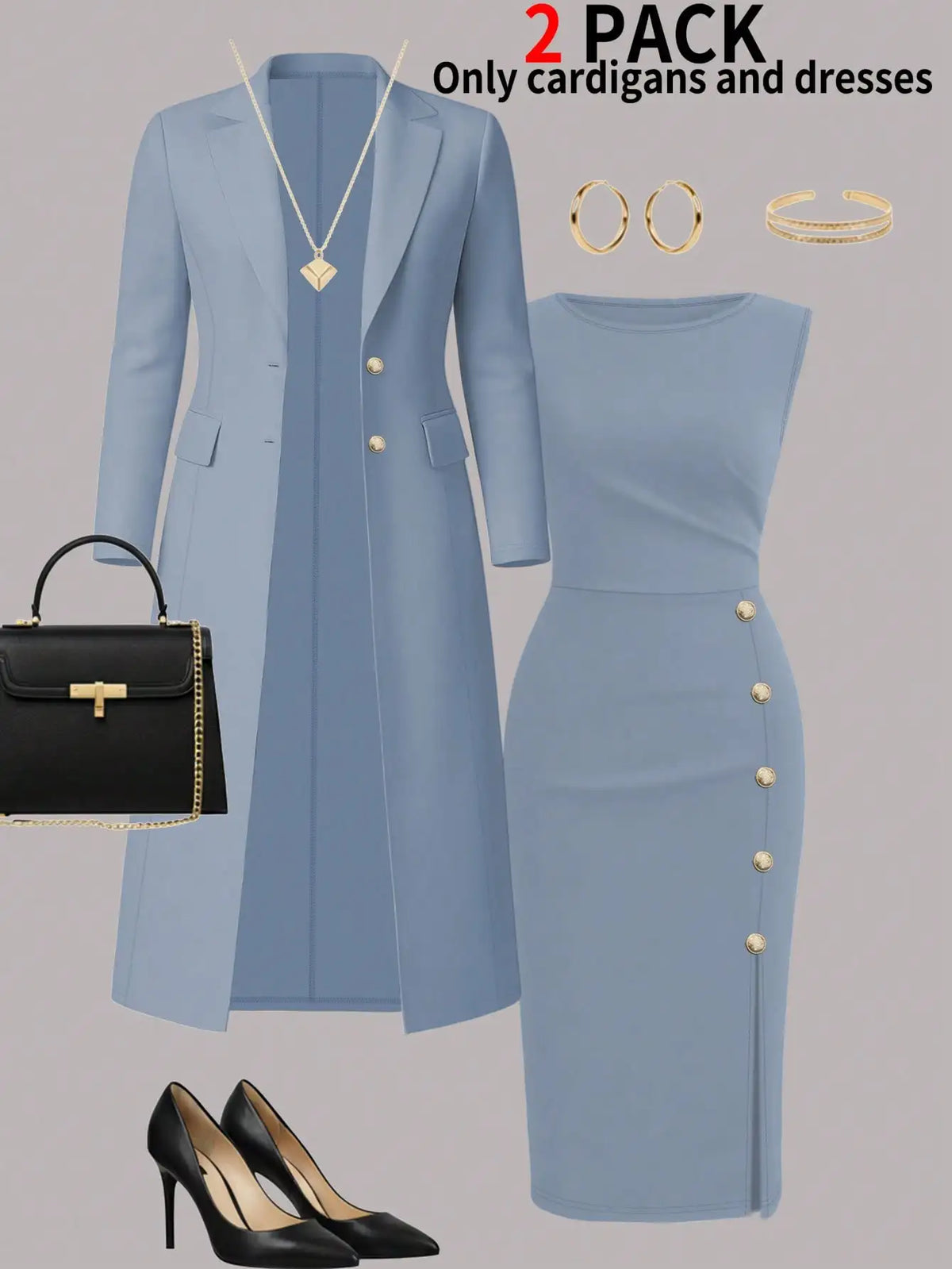 Women's New Autumn and Winter Elegant Set: Solid Color Long-Sleeved Open-Front Blouse, Long Coat + Versatile Fitting Mid-Length Sleeveless Buttoned Dress Two-Piece Set