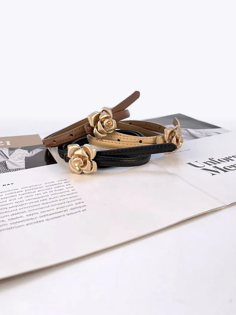 Double Sided Metal Flower Buckle Thin Belt for Women