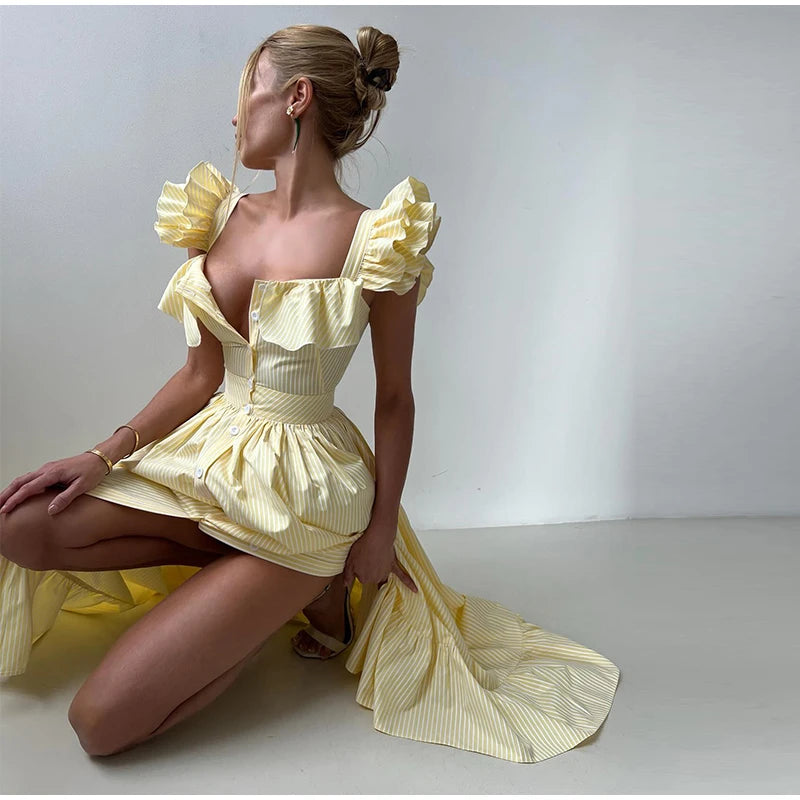 Solid Striped Fly Sleeve Women 's Dress Solid V-neck Single Breasted Draped Front Split Dressess Female Summer Lady Party Robes