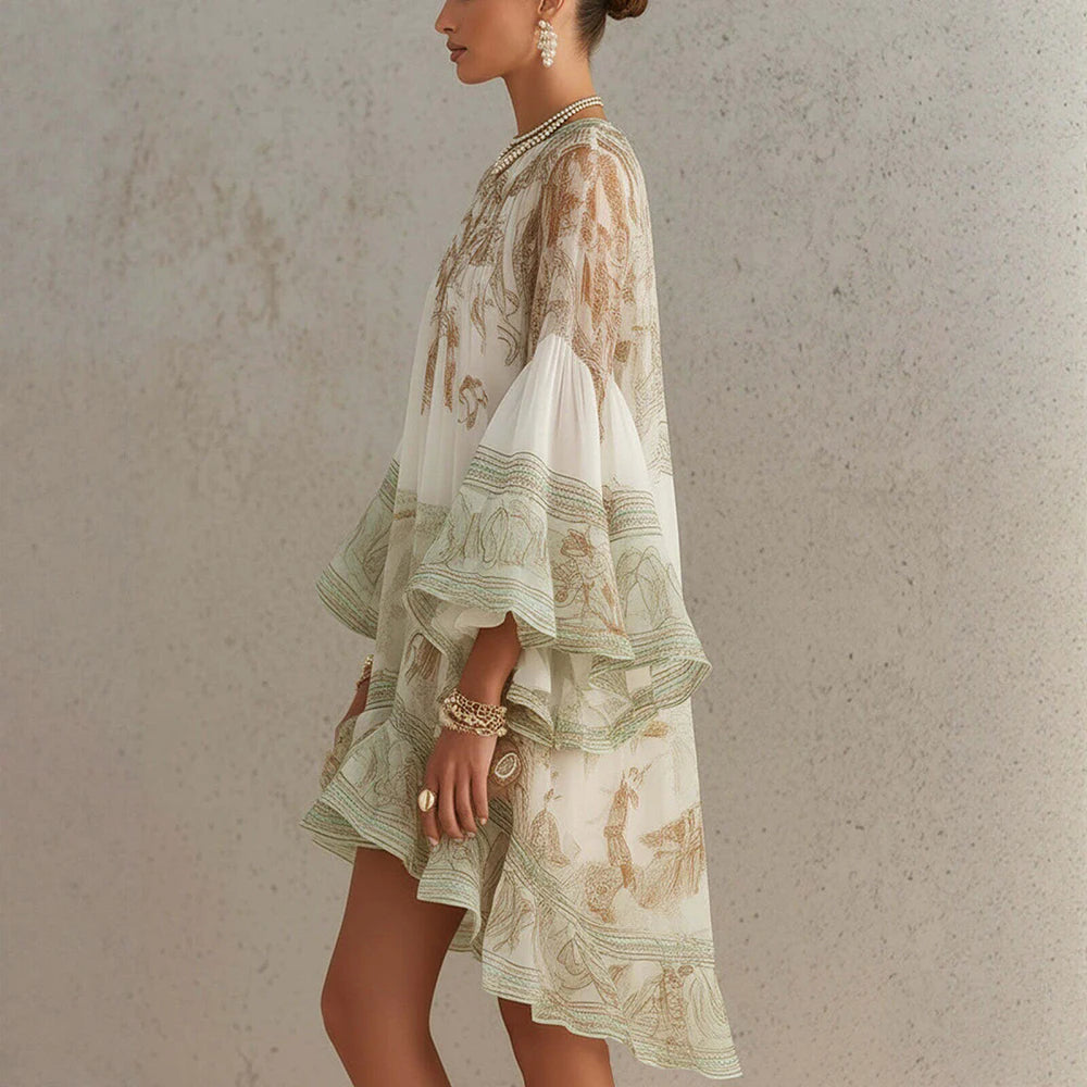 Vintage Boho Floral Print Ruffle Hem Mini Dress for Women