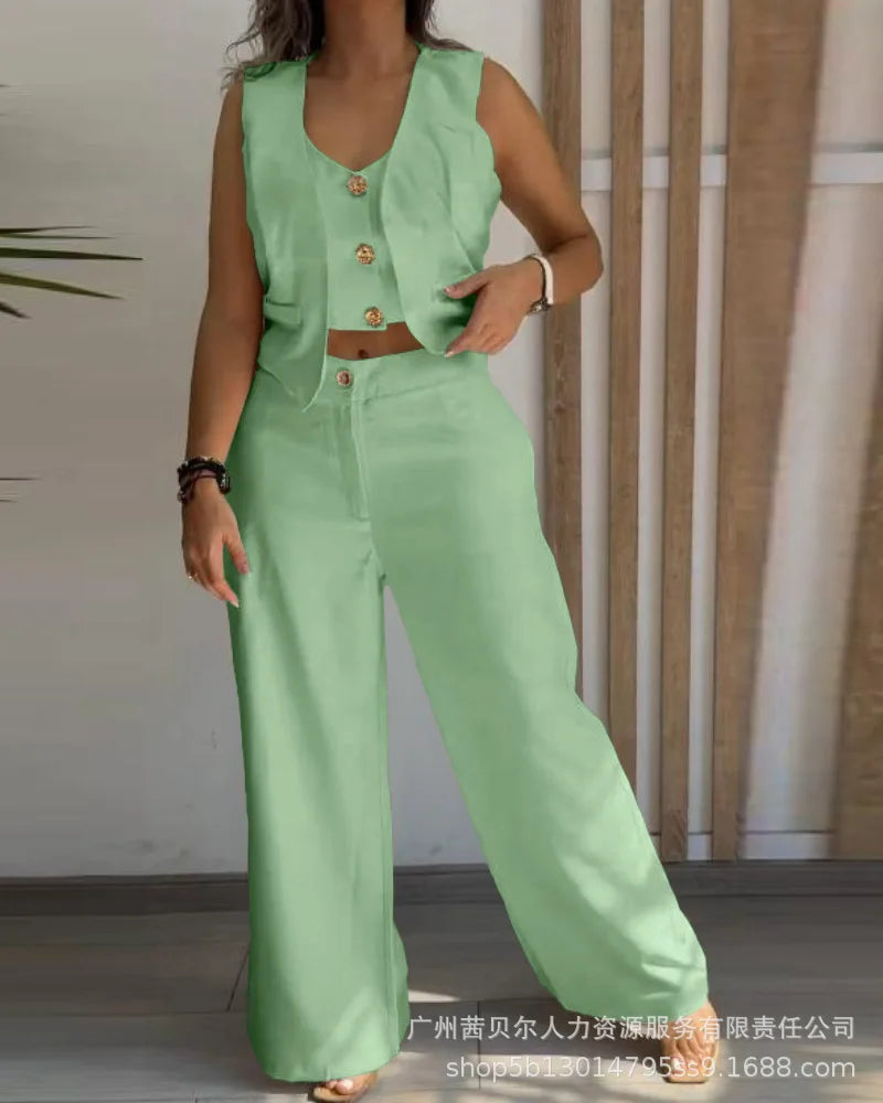 Women New 2 Pieces Outfits Metal Button Decor V Neck Sleeveless Tank Top and Casual Plain Loose Fit Pants Set