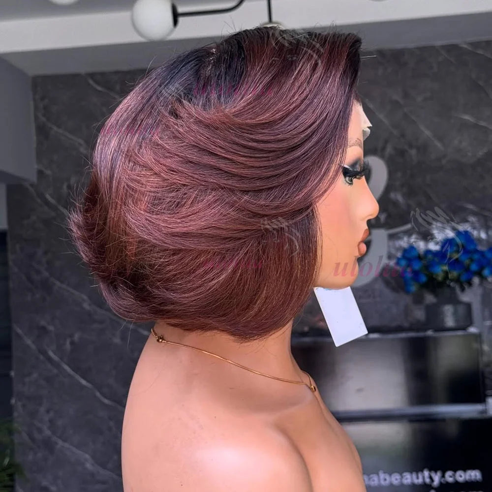 Ombre Pixie Cut Lace Frontal Human Hair Wig for Women