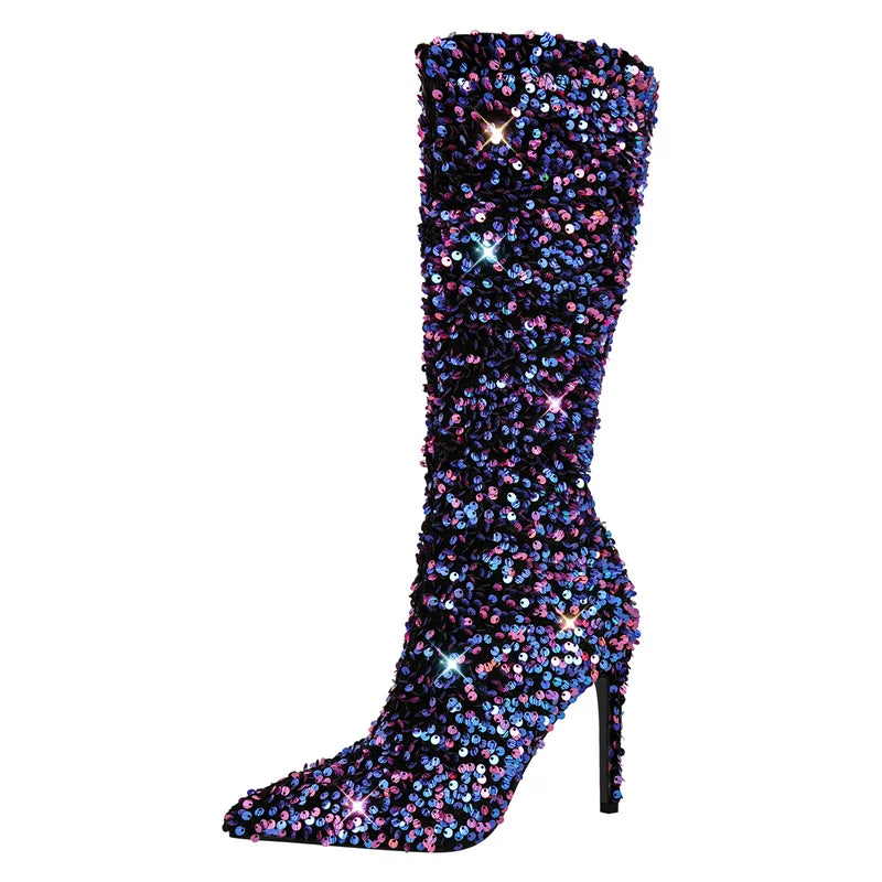Winter Warm Pointed Toe Stiletto High Heel Mid Calf Faux Fur Boots for Women