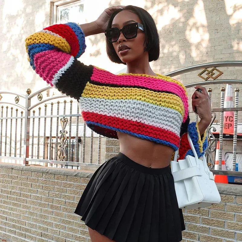 Rainbow Check Cropped Long Sleeve Knit Sweater for Women