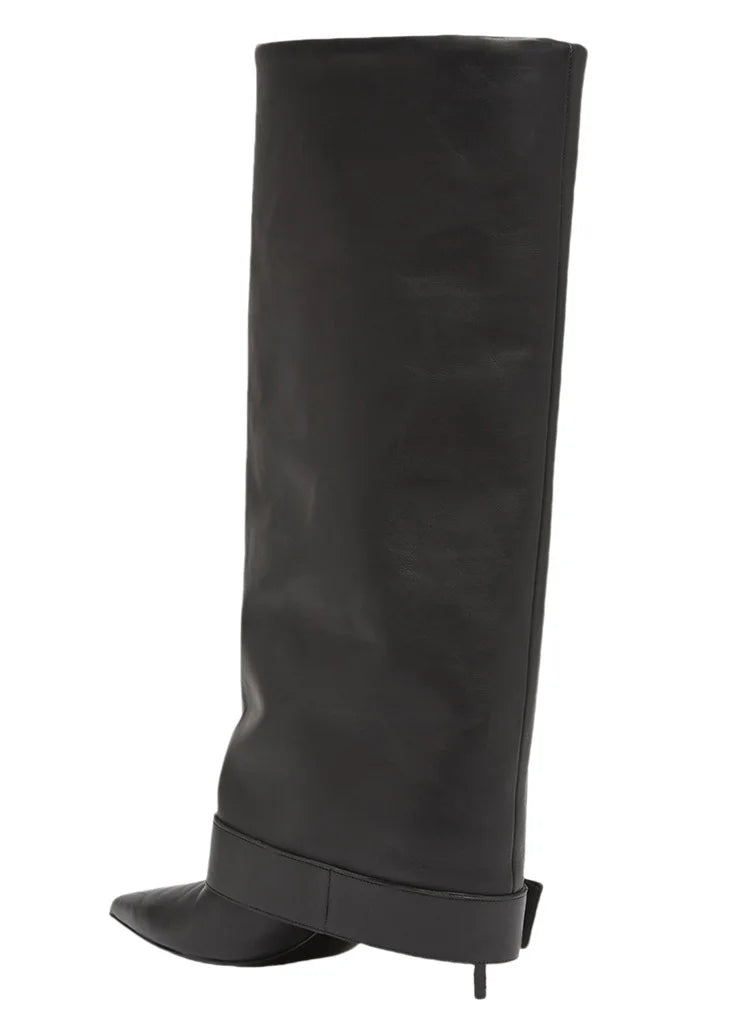 Design Women Metal High Heel Pointed Toe Belt Buckle Knee High Boots Sexy Women Pointy Gold Belt Buckle Knee Boots Plus Size 46