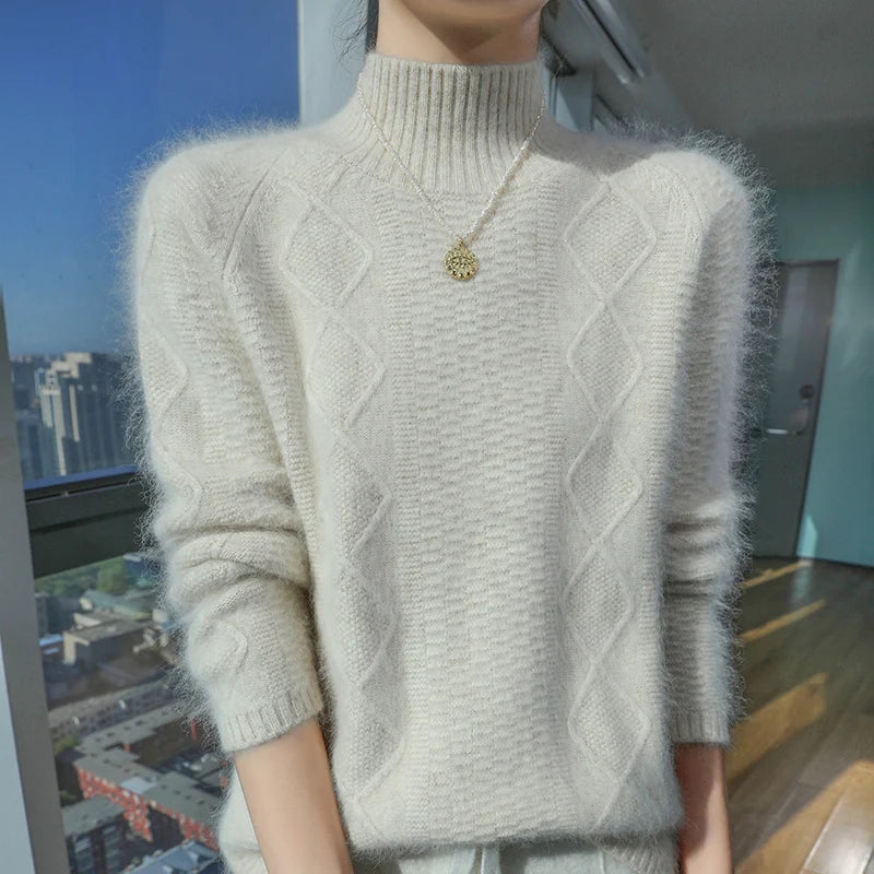Floral Jacquard Long Sleeve High Neck Knit Sweater for Women
