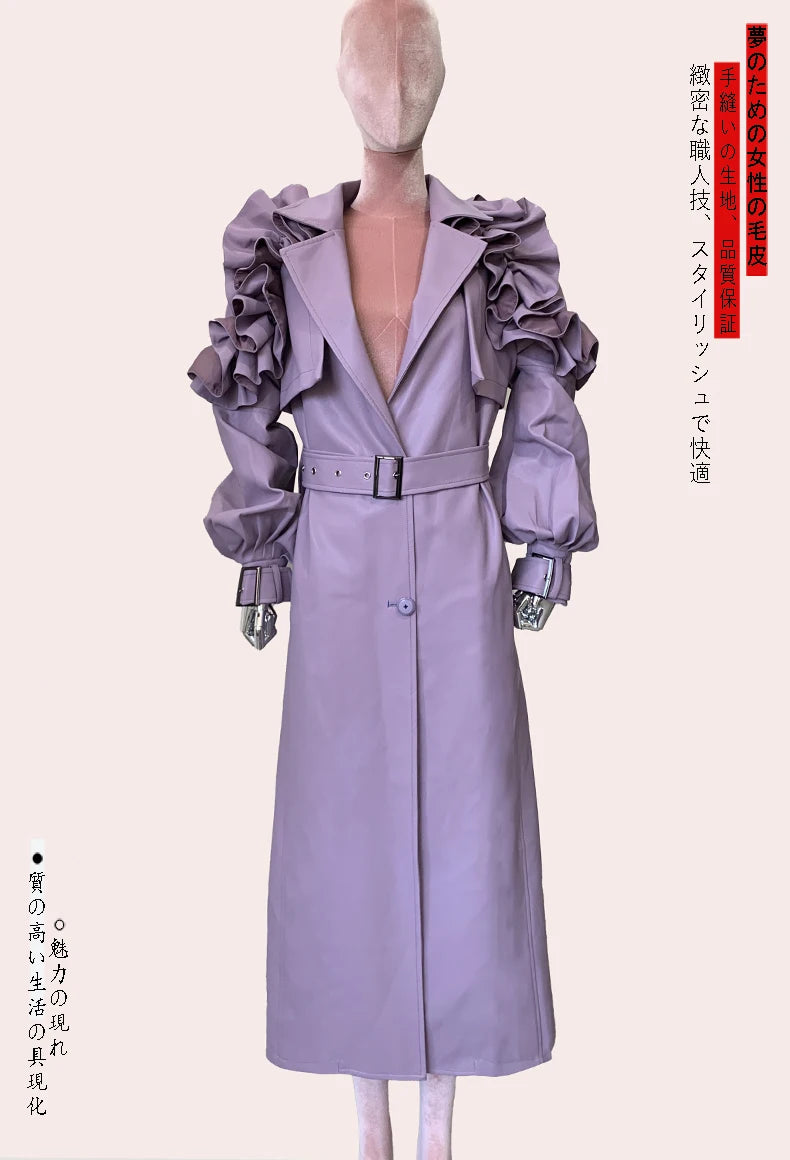 Long Purple Faux Leather Trench Coat With Ruffled Collar For Women