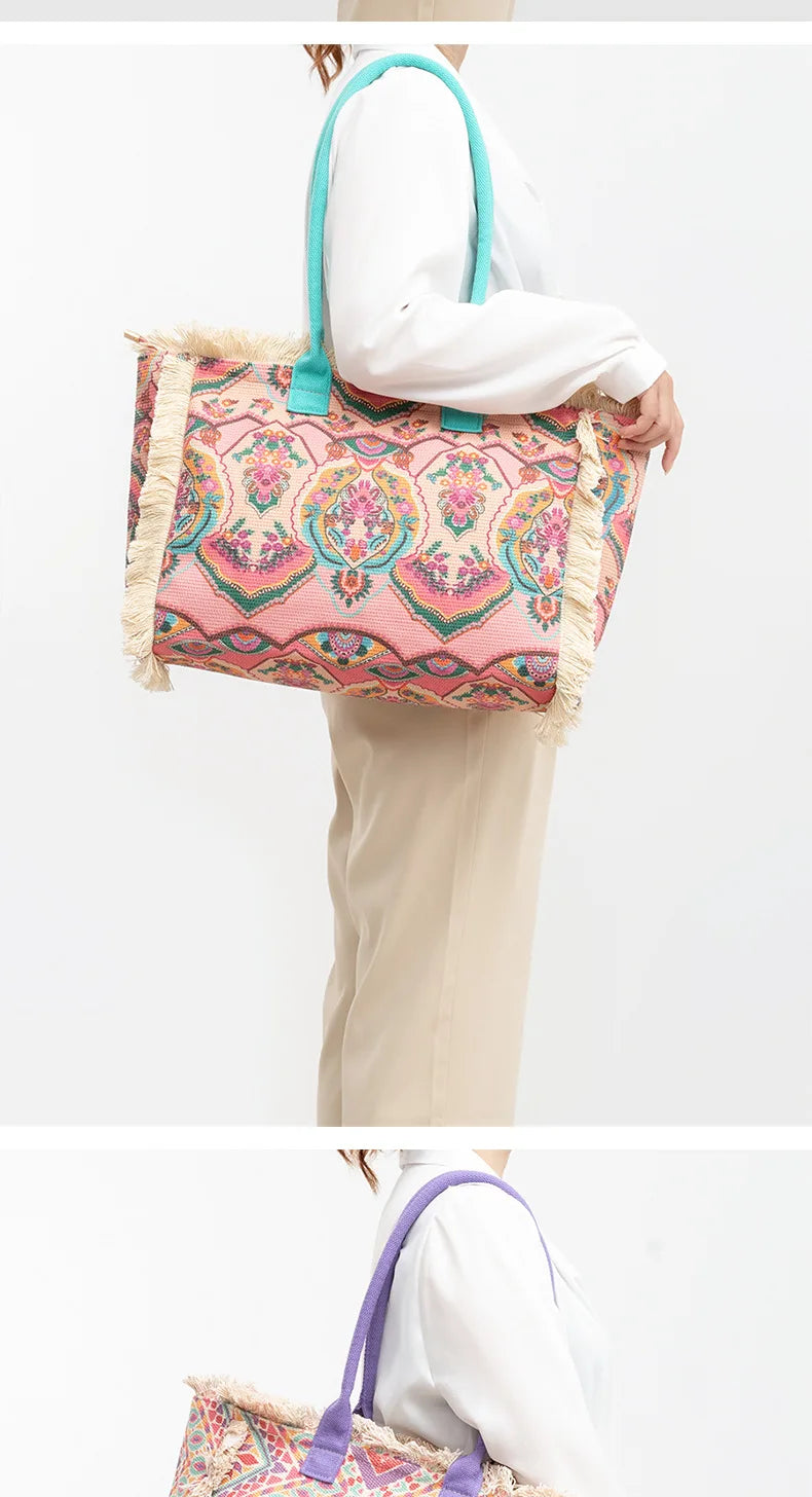 Tote bag Bohemian retro shoulder bag Zipper handbag Large capacity canvas bag Women's summer