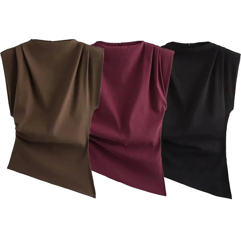 Retro Solid Color Asymmetrical Zipper Top for Women