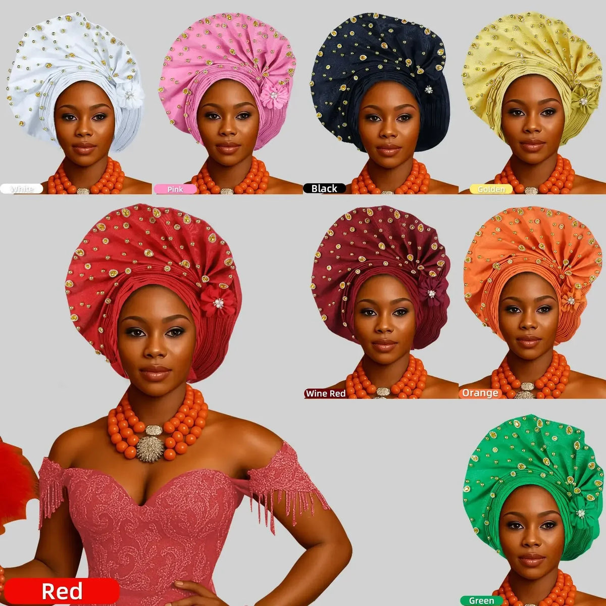 Pre-Tied African Wedding Party Gele Headwrap for Women