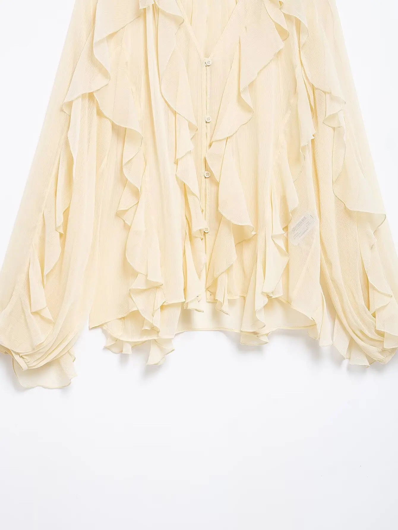 TRAFZA 2025 Women Elegant Solid Ruffles Blouse Spring Female V-Neck Long Sleeved Gauze Shirt Casual Hollow Out Lady Clothes