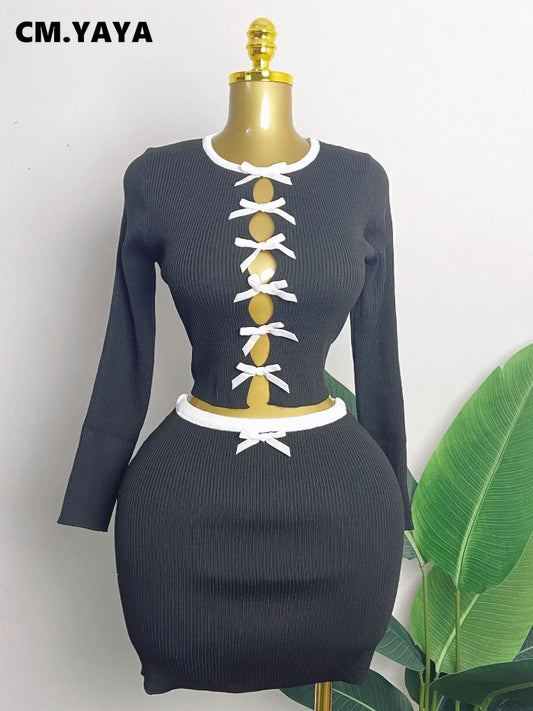 CM.YAYA Knit Ribbed Women's Set Long Sleeve Bowknot Tops and Mini Skirts 2025 Street Party Two 2 Piece Sets Outfits Tracksuits