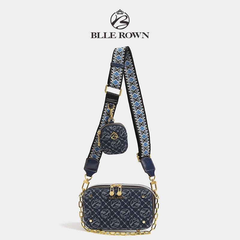 Retro Blue Metal Chain Square Shoulder Bag for Women