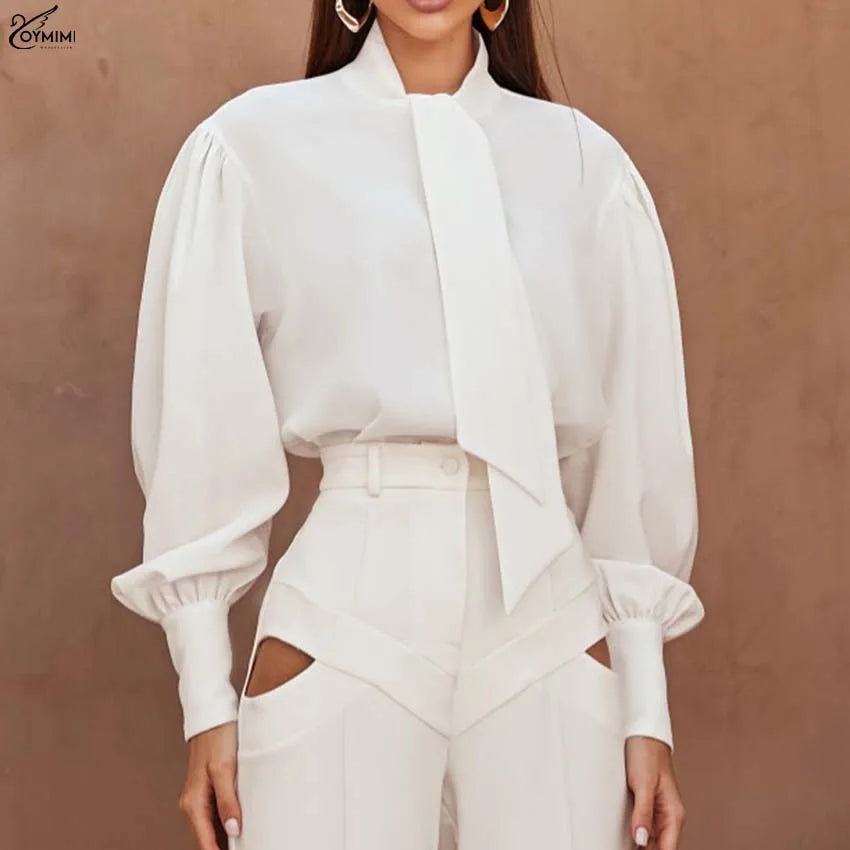 Oymimi Fashion White Lace-Up Neck Women's Shirt Casual Long Sleeve Single Breasted Blouses Elegant New Solid Loose Blouses 2025