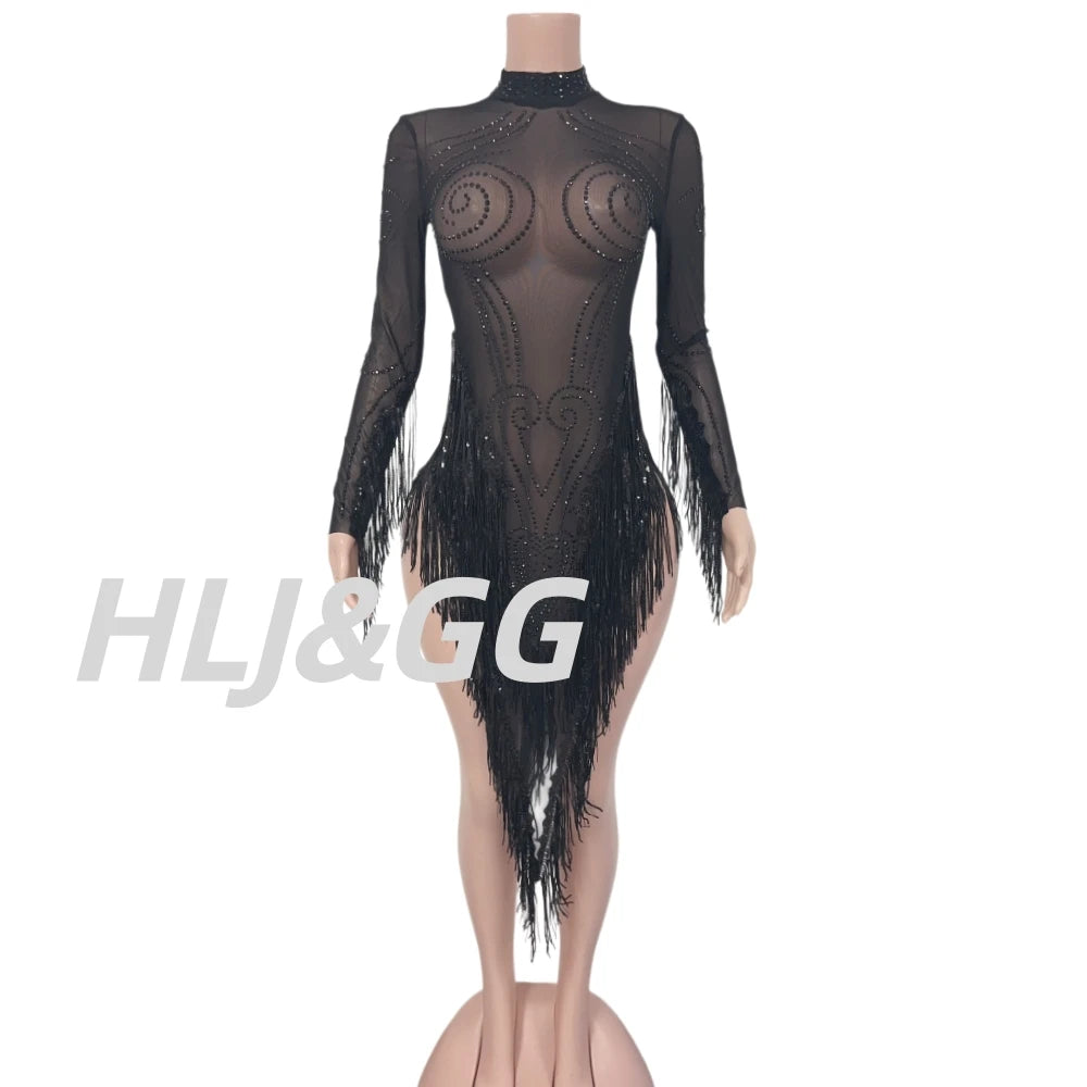 Rhinestone Mesh Tassel Bodycon Mini Dress for Women