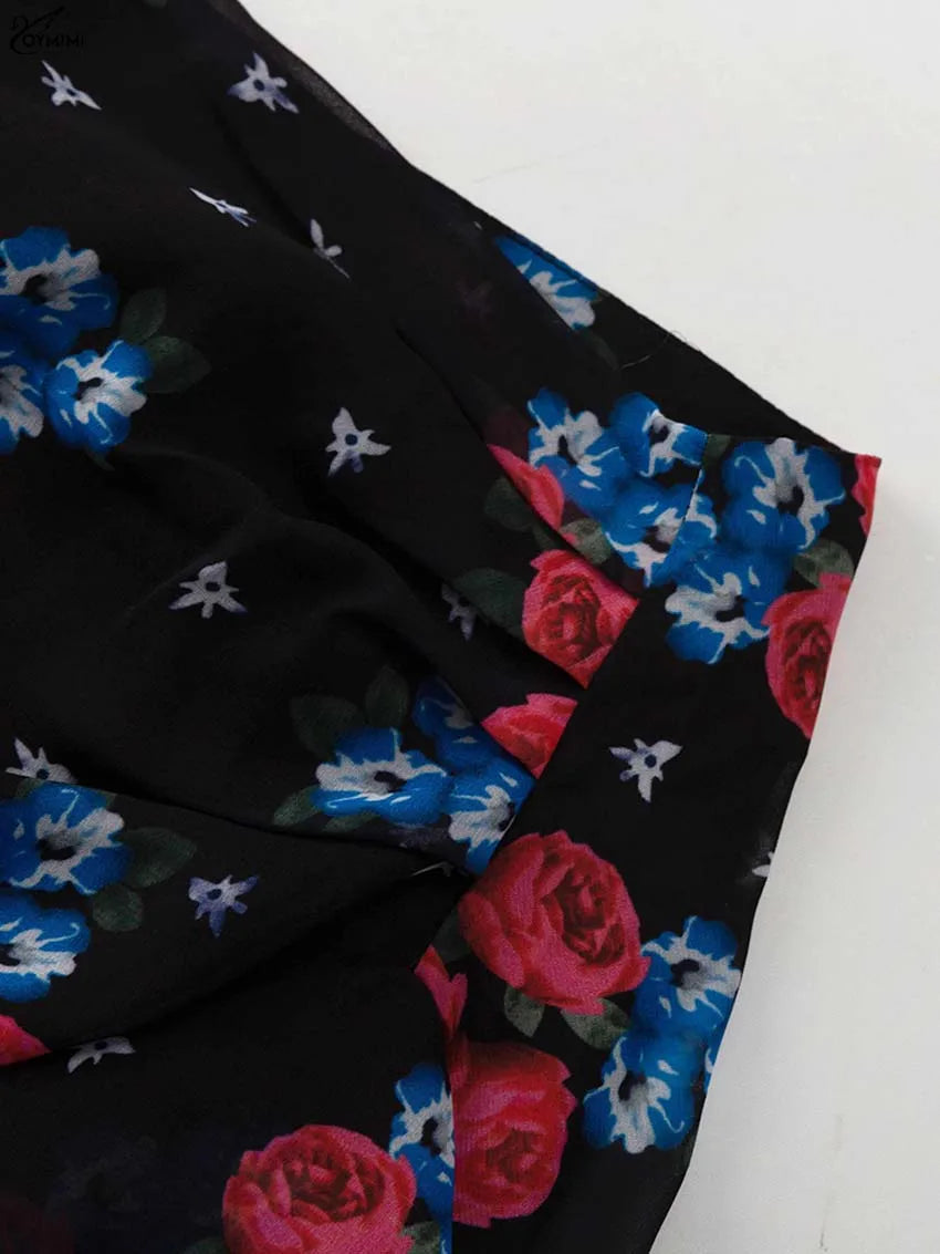 Oymimi Elegant Black Print Two Piece Set For Women Fashion Ruffled Long Sleeve Crop Shirts And Side Slit Floor-Length Skirts Set