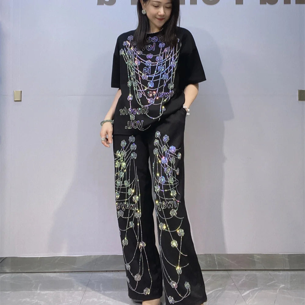 Elegant Lady Summer Two-piece Set Luxury Space Cotton Hot Diamonds Loose Short Sleeve T-shirt Top + Elastic Waist Wide Leg Pants