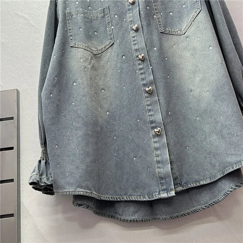 ANJY Autumn New Women Ins Shirt Studded Diamonds Distressed Denim Coat Pockets Single Breasted Elegant Vintage Casual Tops A9973