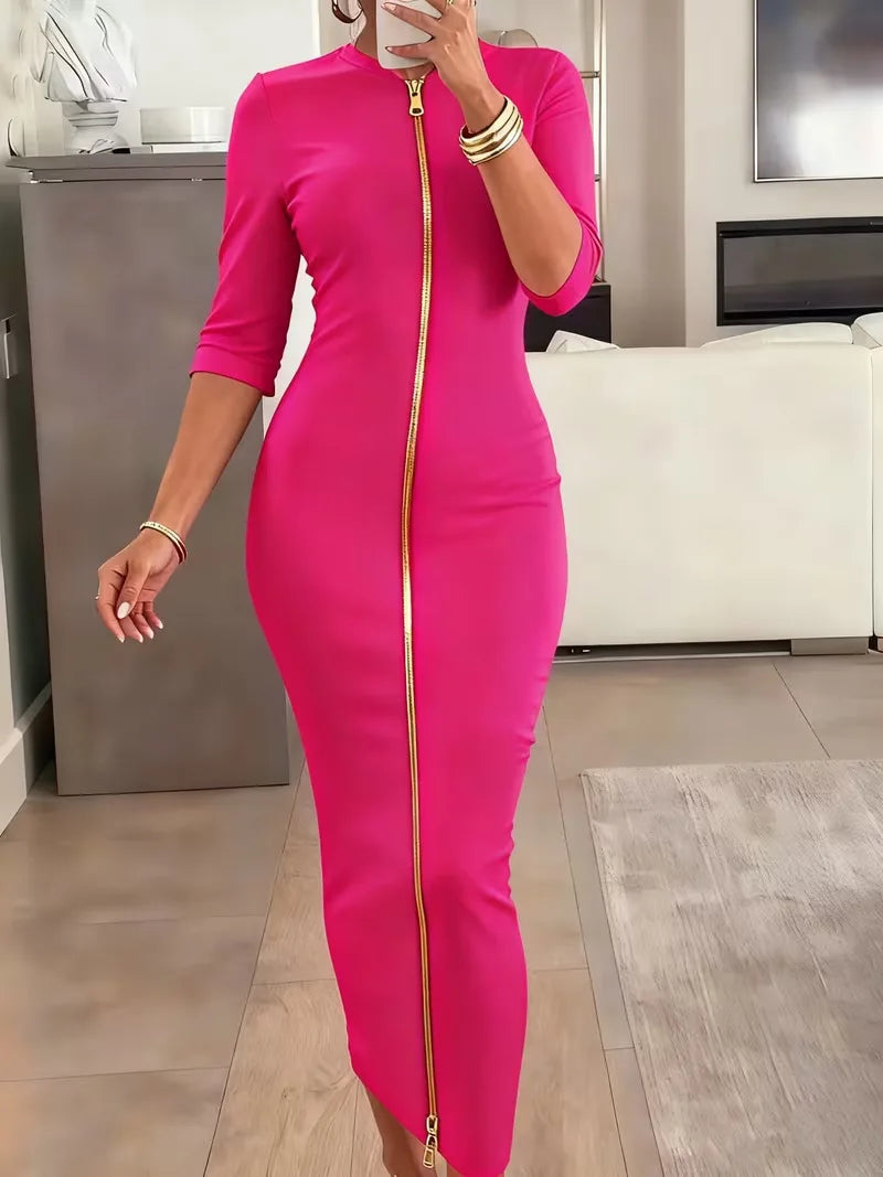 Elegant Mid Sleeve V Neck Ankle Length Dress for Women