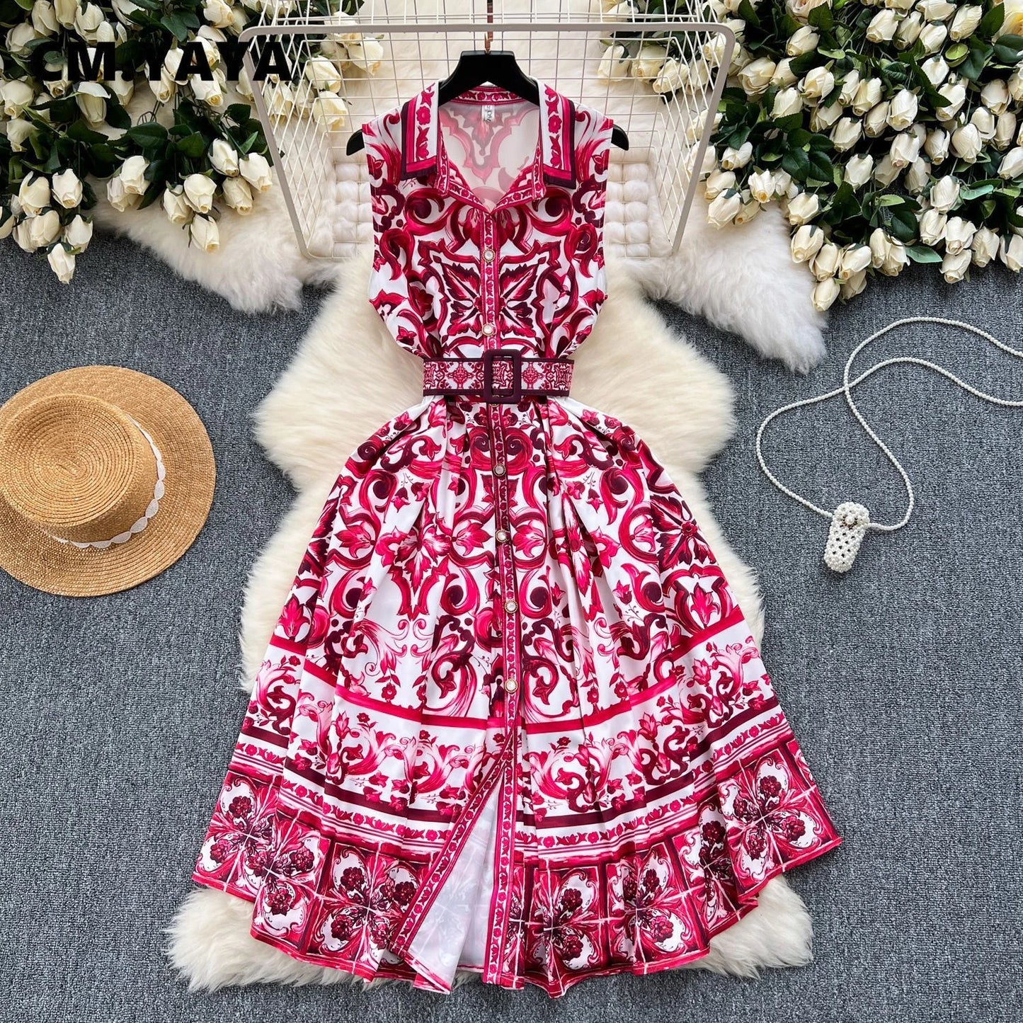 CM.YAYA Women V-neck Elegant Sleeveless Midi Dress 2024 Summer Belt Court Style Streetwear Africa Party Club Dresses Vestidos