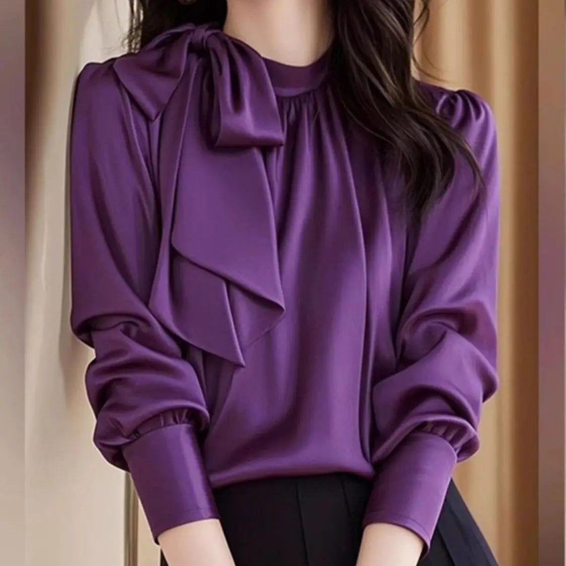 Elegant Purple Satin Blouse With Delicate Bow Accent For Women