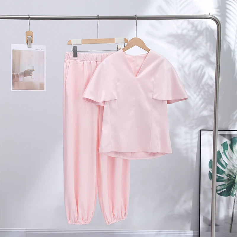 Casual V-Neck Top and Wide-Leg Pants Set for Women