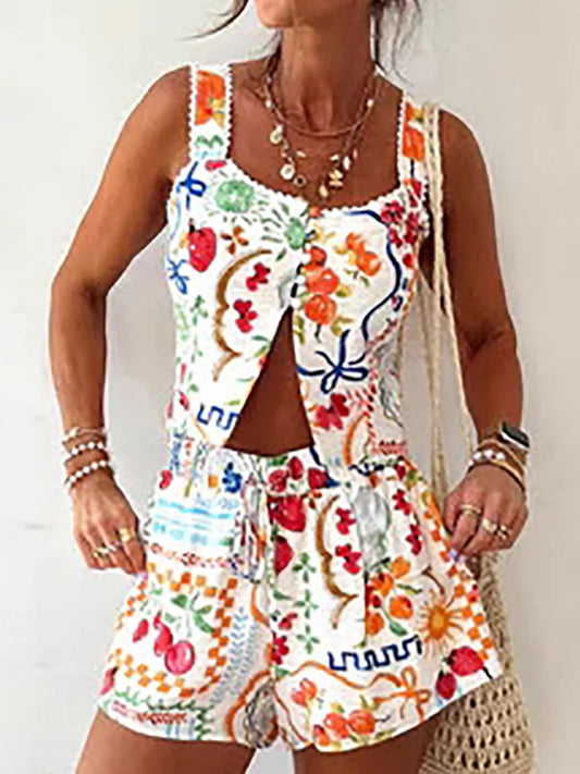 Bohemian Lace Up Shorts Beach Suit Fashion Hollow Out Backless Summer Two Piece Vacation Printed Suspenders Top Women's Outfits