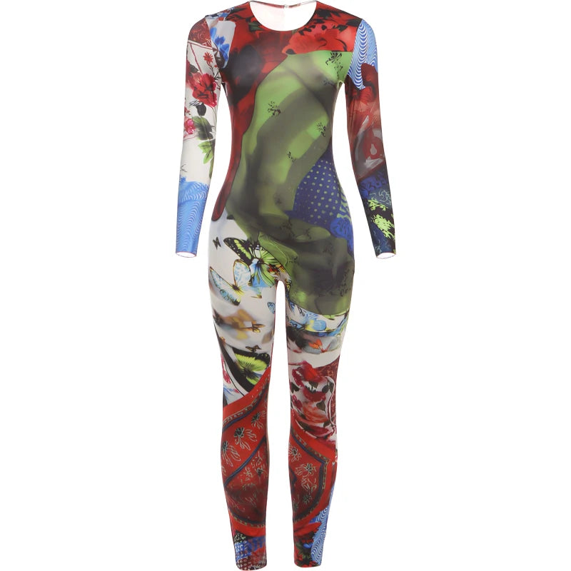 Colorful Patchwork Long Sleeve Jumpsuit Outfit for Women