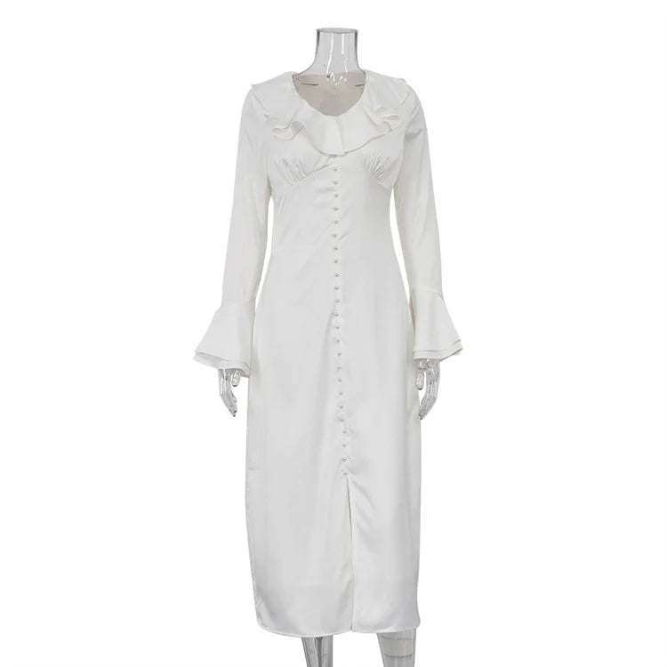 TARUXY Ruffle V Neck Elegant Dress For Women Slim Long Sleeve High Waist Temperament Dresses Femme Party Slit Long Dress Woman