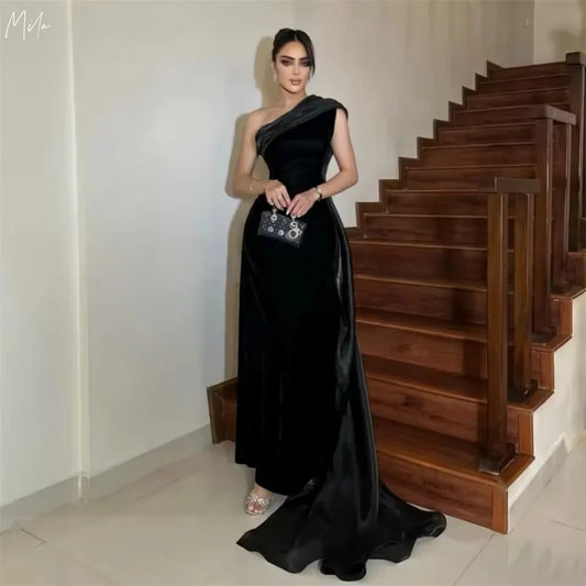 Mila Black One Shoulder Sheath Evening Dresses Train Floor-Length Party Dresses Customized Elegant Zip 2025  جديد في الفساتين