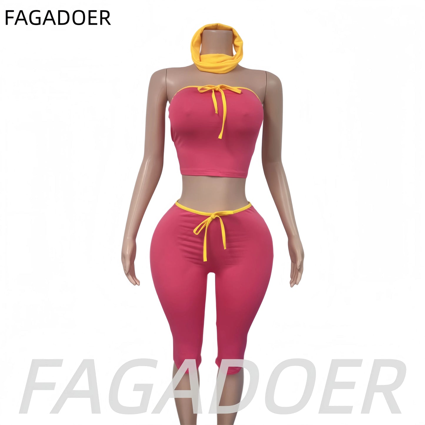 Rose Red Patchwork Lace-Up Two Piece Set for Women