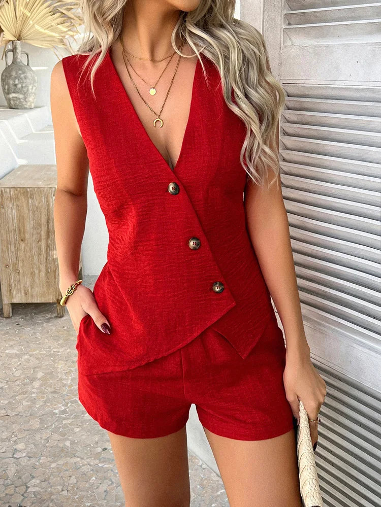 Summer Sleeveless Vest Top and High Waist Shorts Set for Women