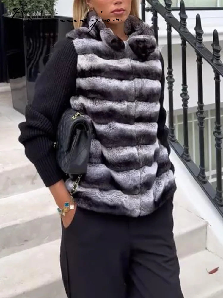 Faux Fur Patchwork Knit Coat With High Collar for Women