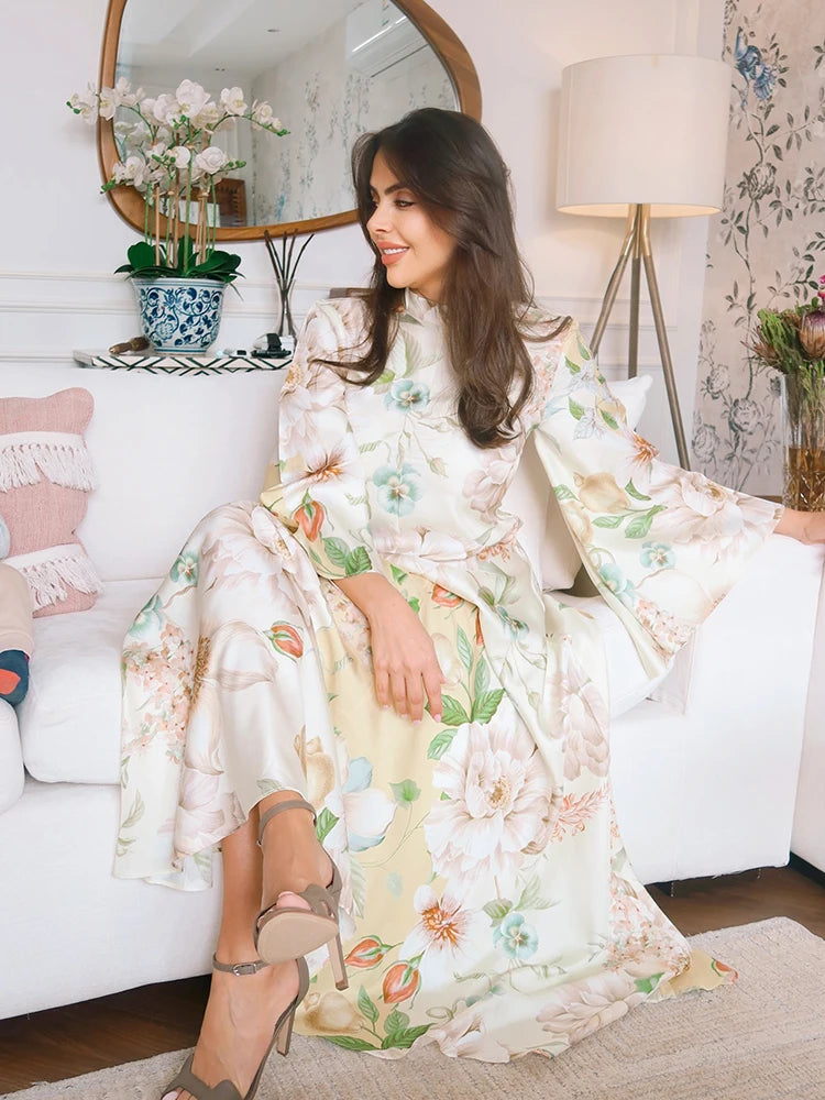 Elegant Print Dress with Stand Collar and Flare Sleeves for Women