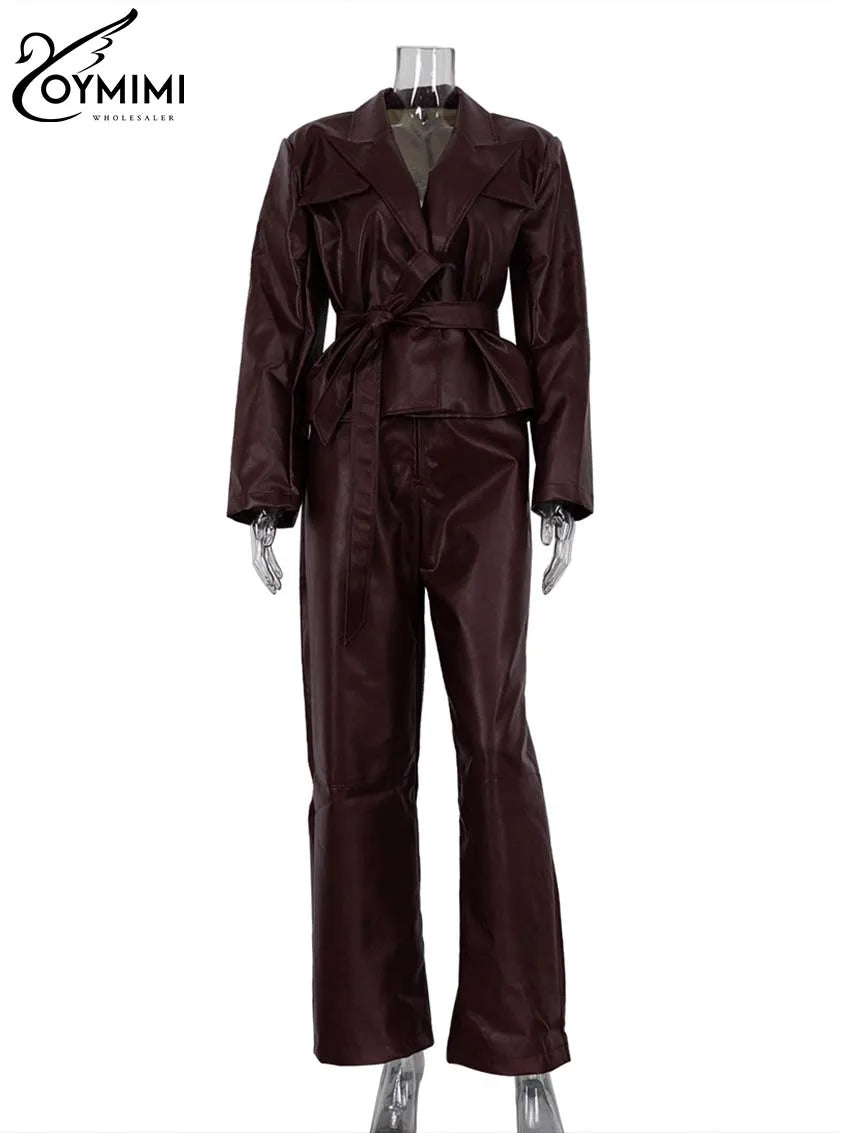 Oymimi Vintage Wine Red Pu Leather Womens 2 Piece Outfit Set Elegant Long Sleeve Lace-Up Shirts And Straight Simple Trousers Set