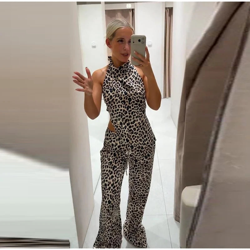 Leopard Print Halter Neck Top And High Waist Flare Pants Set For Women