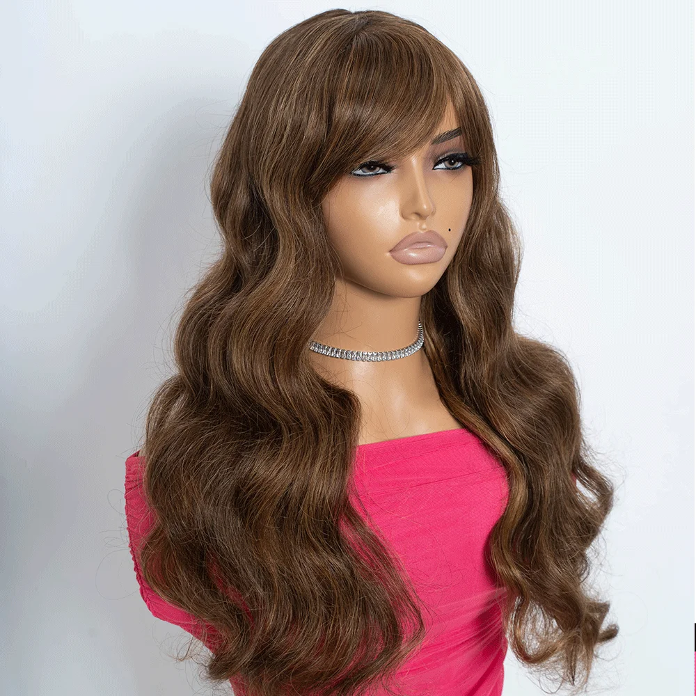 Brown Highlight Body Wave Human Hair Wig With Bangs For Women