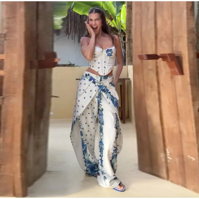 Printed Fishbone Top And Pleated Pants Two Piece Set For Women