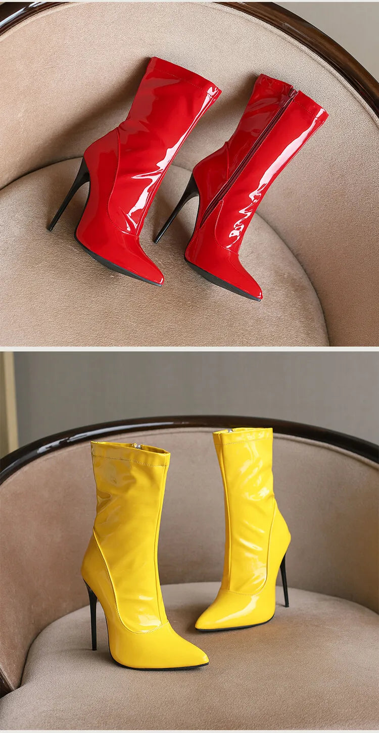Pointed Toe Soft Patent Leather Side Zipper Stiletto Ankle Boots for Women