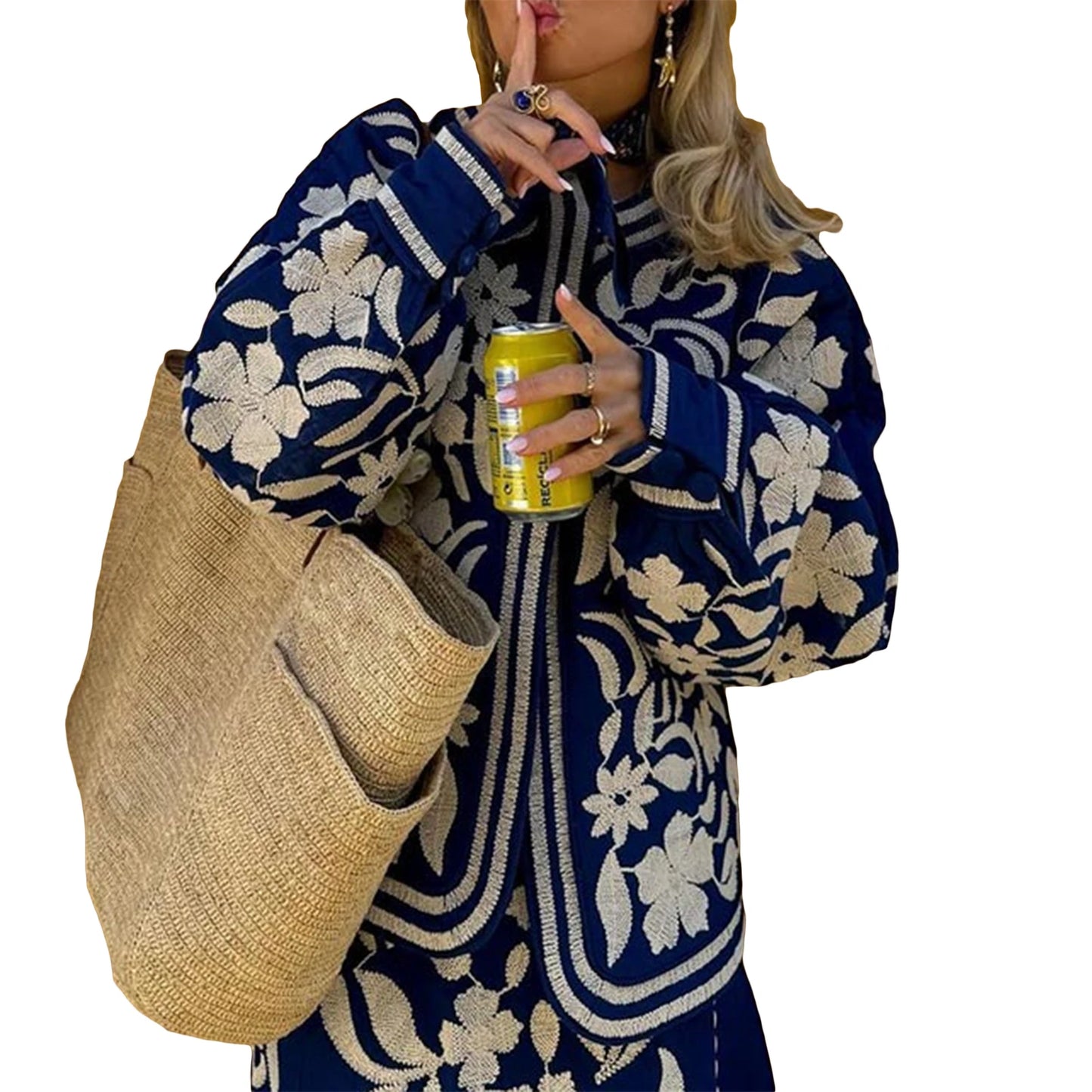 Women'S Retro Open Front Printed Embroidered Jacket, Lightweight Casual Long Sleeved Autumn Street Fashion Cardigan